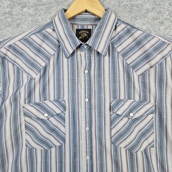 Saddle King Men's‎ Western Pearl Snap Size 17 1/2 Striped Cowboy Shirt Rodeo - Picture 2 of 13